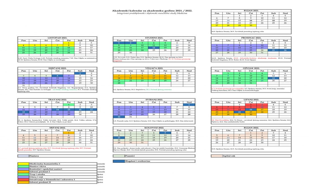 Objavljen akademski kalendar za ak. g. 2021./2022.